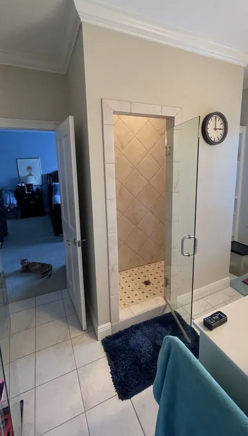 Before: the same bathroom's dated tiled shower